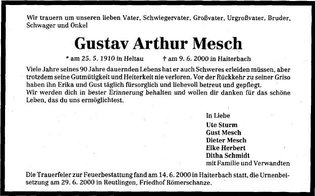 Mesch Gustav Arthur 1910-2000 Todesanzeige